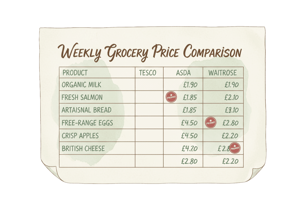 Hand-drawn price comparison table with product rows and retailer columns