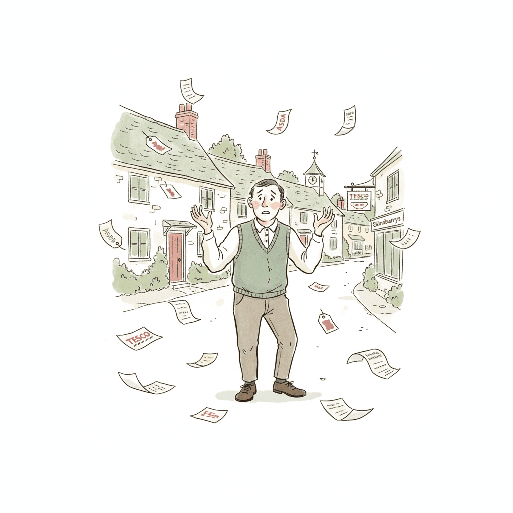 Confused villager surrounded by scattered price tags and receipts