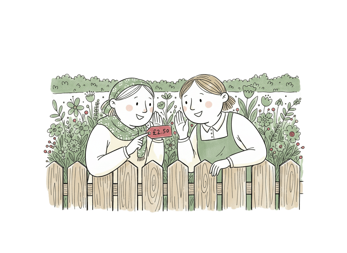 Villagers whispering over a garden fence, one holding a price tag