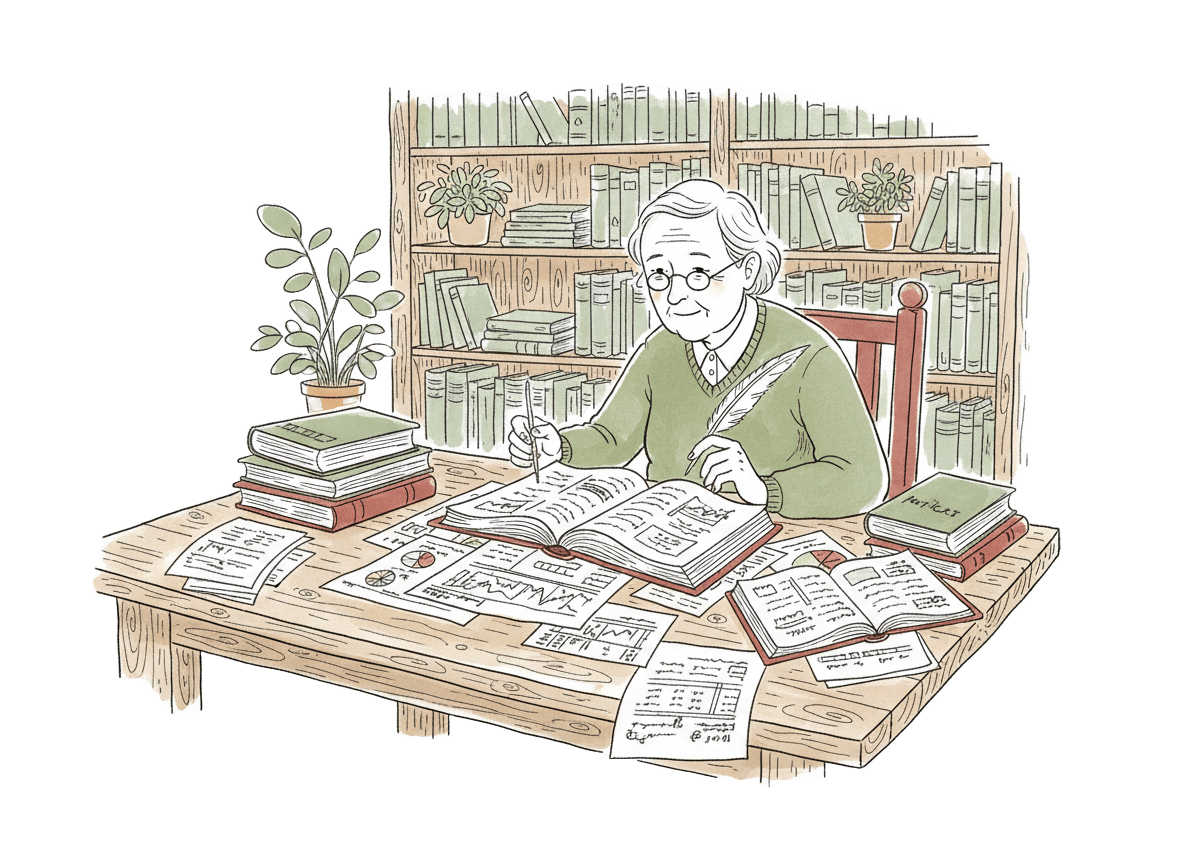 An old villager in a library, surrounded by ledgers and charts