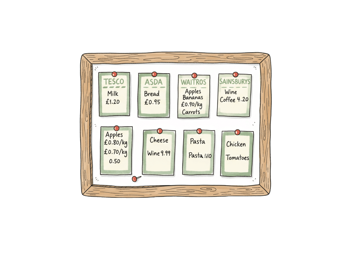 A village noticeboard covered in neatly pinned price cards